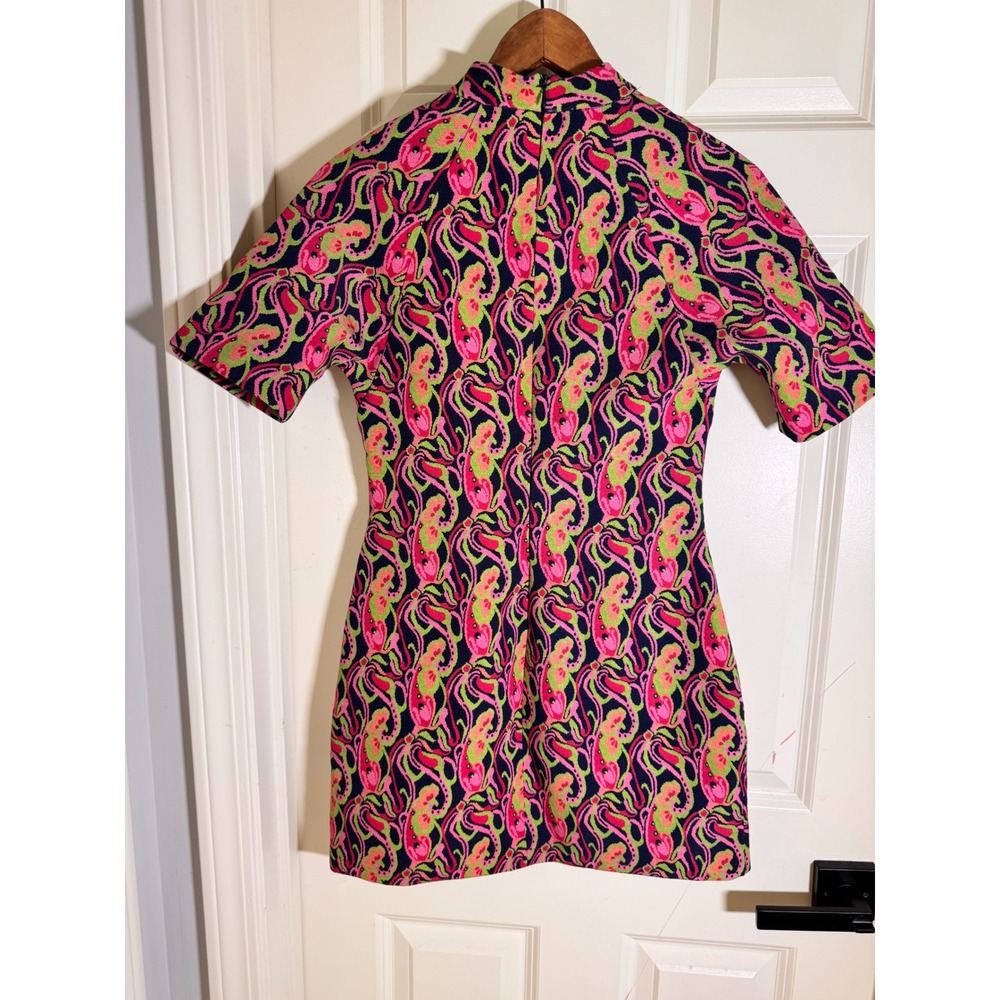 ZARA Pink Green Psychedelic Paisley Mock Neck Mini Shift Dress Womens Medium - Picture 2 of 7